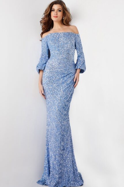 Model wearing Jovani 25949 blue sequined dress with off-the-shoulder neckline and bell sleeves.