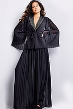 Front view of Jovani 26024 black dress with pleated design and beaded details.