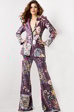 model wearing 26034 multi-colored suit with floral print, front view