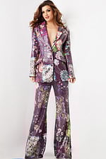 model wearing 26034 multi-colored suit with floral print, front view