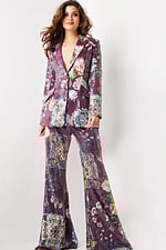 model wearing 26034 multi-colored suit with floral print, front view