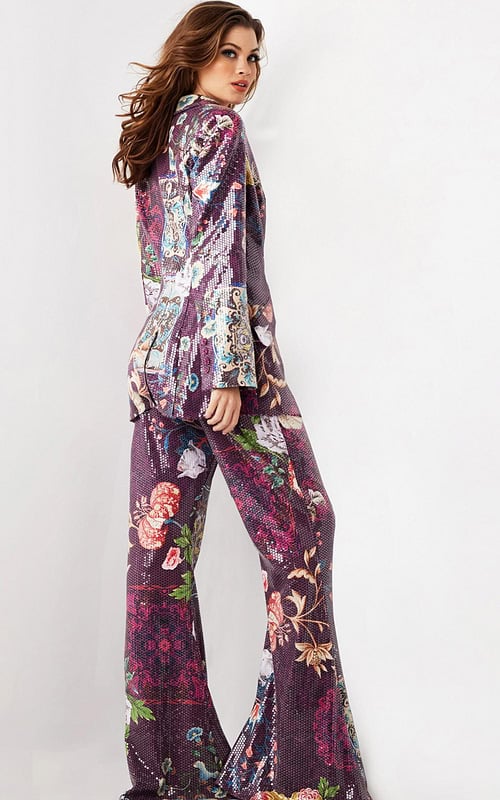 model wearing 26034 multi-colored suit with floral print, back view