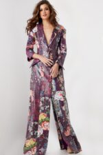 Model wearing Jovani 26035 multi-colored dress with V-neckline, alternative front view.