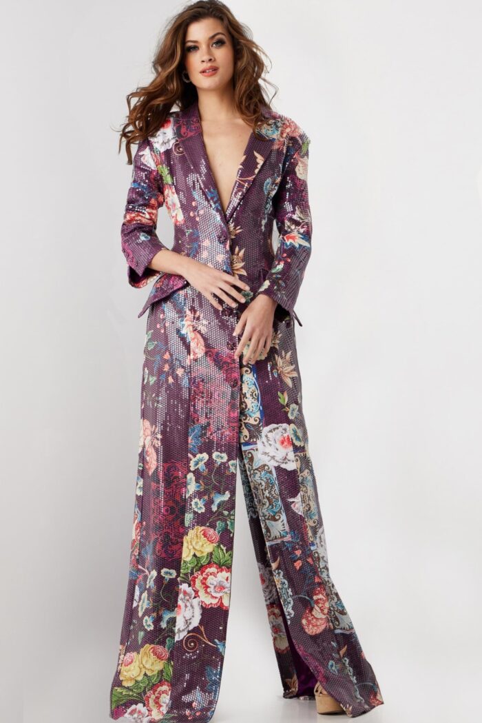 Model wearing Jovani 26035 multi-colored dress with V-neckline, alternative front view.
