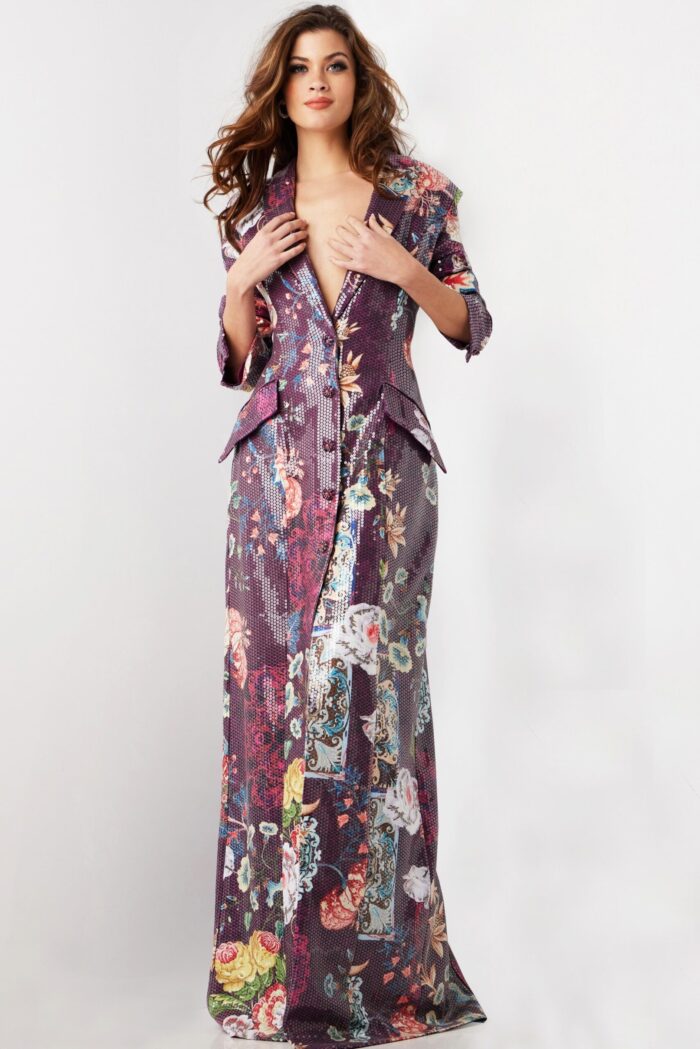 Model wearing Jovani 26035 multi-colored dress with long sleeves, angled front view.