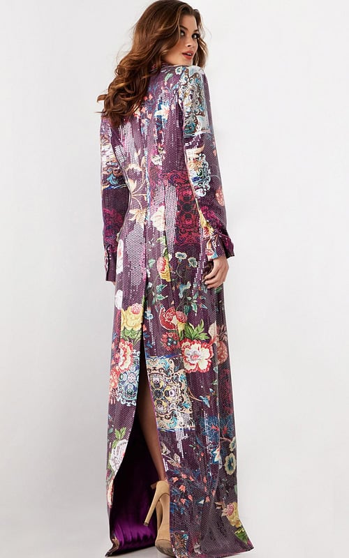 Model wearing Jovani 26035 multi-colored dress showcasing the back design.