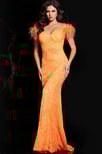 Model wearing Jovani 26041 orange off-the-shoulder gown with feathers.