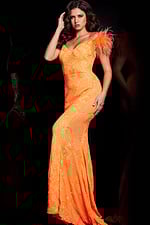 Side view of Jovani 26041 orange off-the-shoulder gown.