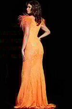 Back view of Jovani 26041 orange gown showcasing off-the-shoulder design.