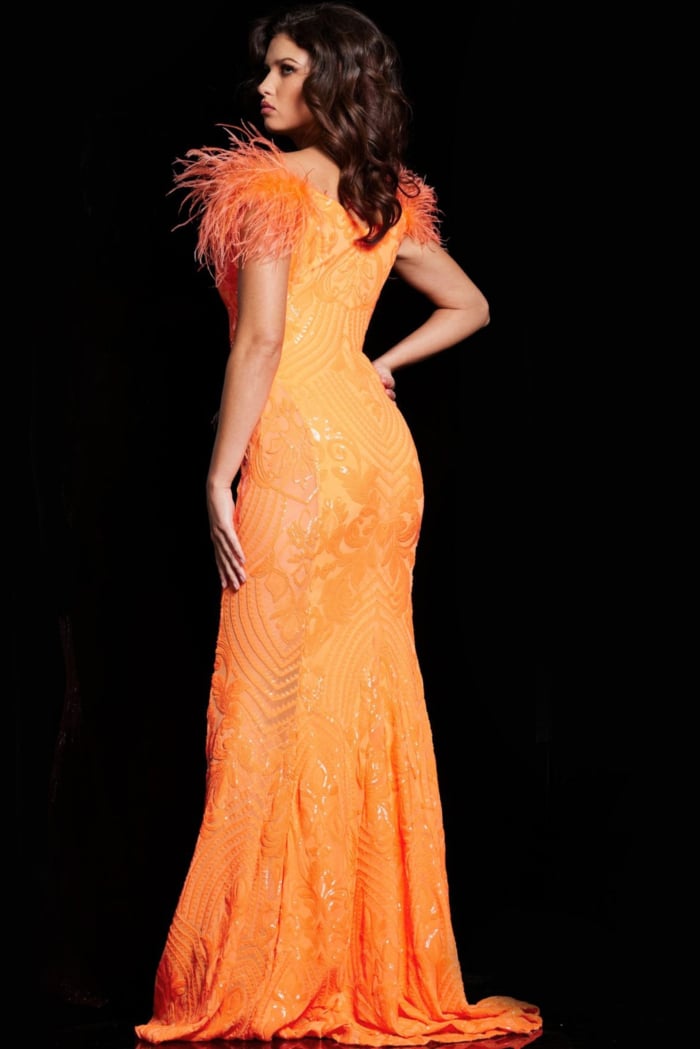Back view of Jovani 26041 orange gown showcasing off-the-shoulder design.