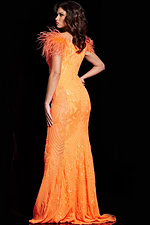 Back view of model in Jovani 26041 orange gown with feathered shoulders.