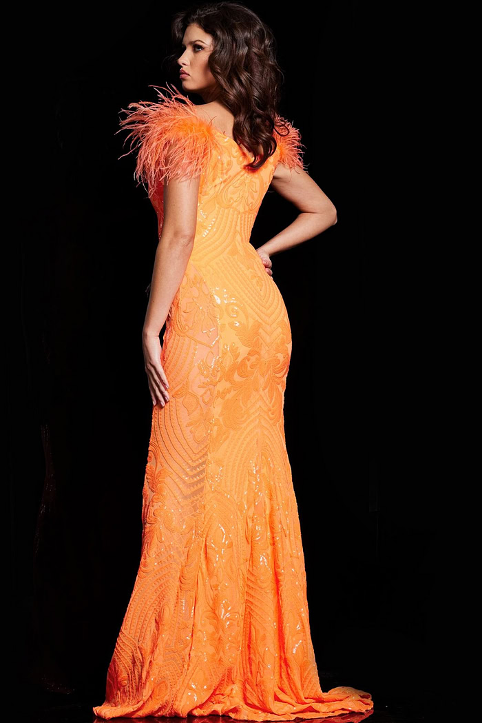 Back view of model in Jovani 26041 orange gown with feathered shoulders.