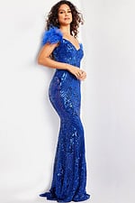 Side view of Jovani 26041 royal blue off-the-shoulder gown.