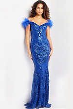Model wearing Jovani 26041 royal blue mermaid gown with off-the-shoulder neckline and feather accents.