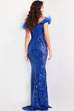 Back view of model wearing Jovani 26041 royal blue gown with feather accents.