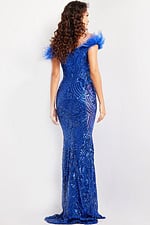 Back view of Jovani 26041 royal blue gown with intricate sequin patterns.