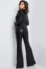 Model showing the back of Jovani 26042 black sequin suit.