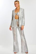 Model wearing silver sequin pantsuit with flared trousers, bralette top, and open blazer.