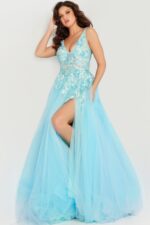 Model wearing Jovani 26045 front view of blue gown with floral appliques.