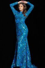 model wearing Jovani 26046 royal blue gown with sequins, elegant front view
