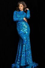 model wearing Jovani 26046 royal blue gown with sequins, front view arms raised