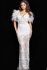Model wearing Jovani 26057 white dress with feather details, full front view.
