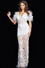 Model wearing Jovani 26057 white dress with lace detailing, front view, hand up.