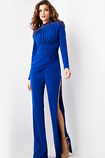model wearing Jovani 26080 royal blue gown with beaded shoulder detail