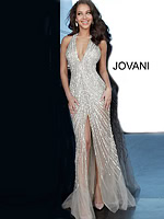 Model wearing Jovani 2609 nude dress with sequin embellishments, front view.