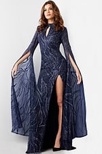 Jovani 26092 navy dress worn by model, featuring flowing sheer sleeves.