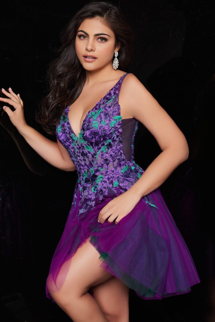 Model wearing Jovani 26096 purple dress, showing front-side angle.