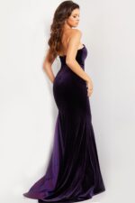 back view of 26116 purple gown showing velvet texture and mermaid fit