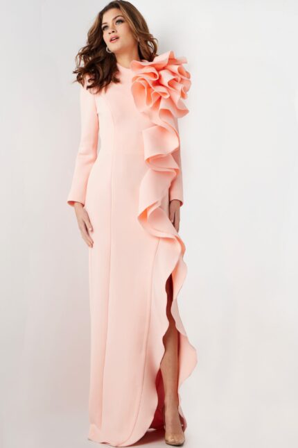 Model wearing 26126 blush dress featuring a dramatic ruffle and high neckline.