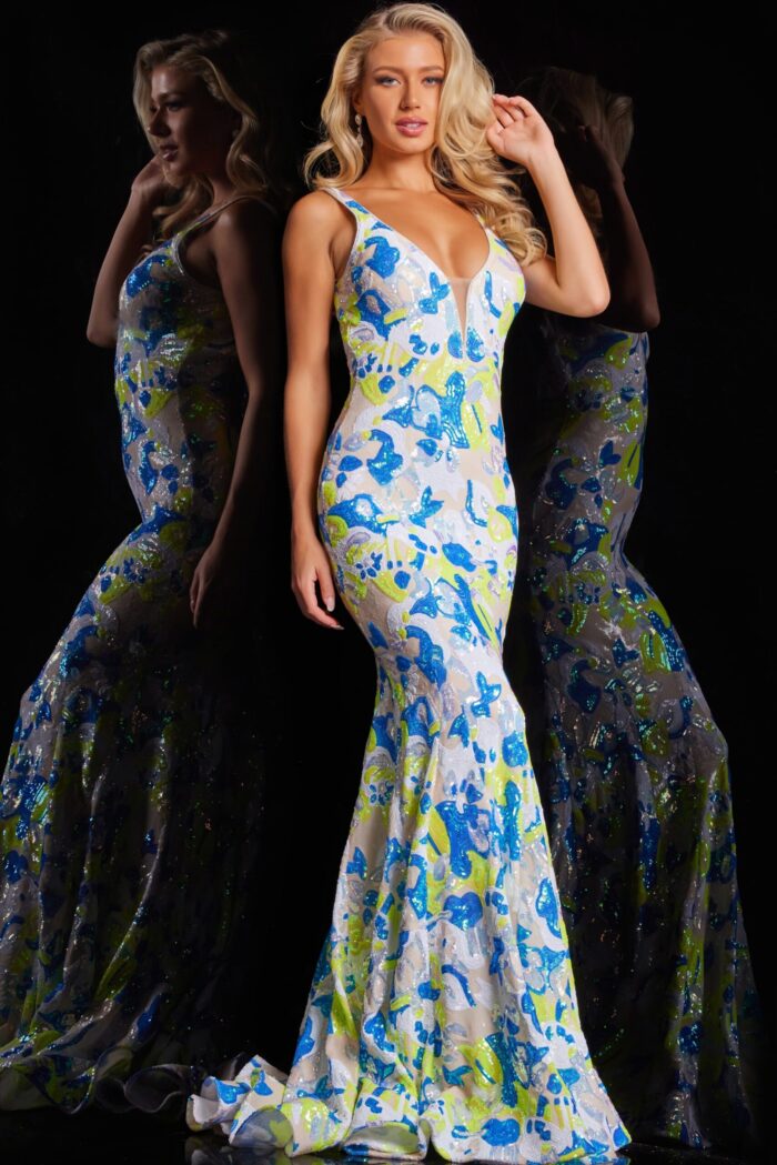 model wearing Jovani 26130 multi-colored mermaid gown full front view