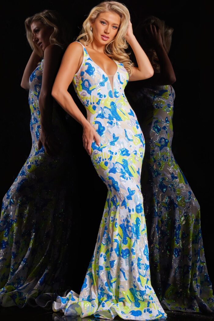 model wearing Jovani 26130 multi-colored mermaid gown side front view