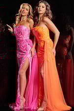 Two models wearing Jovani 26134 dresses, highlighting the strapless and fitted design.