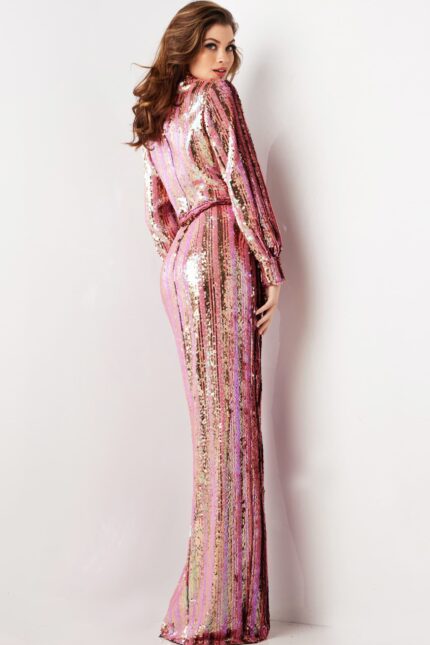 Back view of model in Jovani 26136 multi-colored sequin dress highlighting elegant silhouette.
