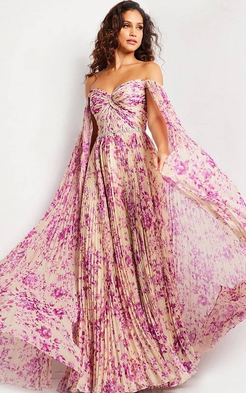 Model wearing Jovani 26141 in a printed pattern with flowing sleeves from the front view.