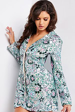 Model in Jovani 07807 multi-color dress with a form-fitting silhouette and intricate floral patterns, side front view.