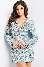 Model wearing Jovani 07807 multi-color dress with deep V neckline and floral patterns, front view.