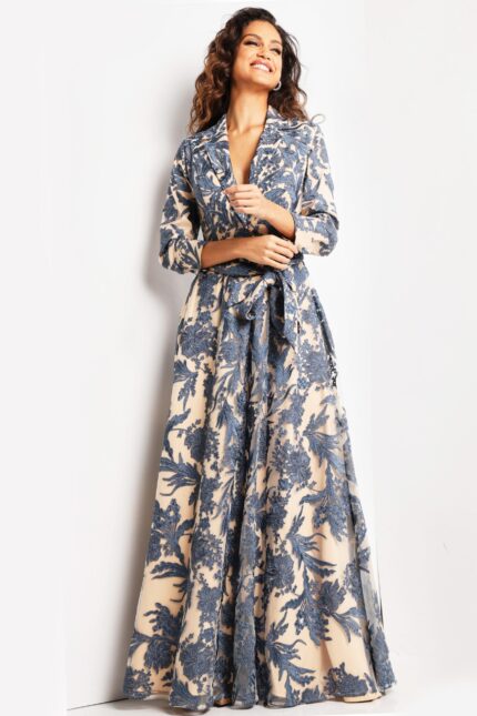 Model wearing Jovani 26148 navy and nude gown with V-neckline and floral details.