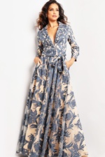 Navy Nude Long Sleeve A Line Gown 26148 | Jovani