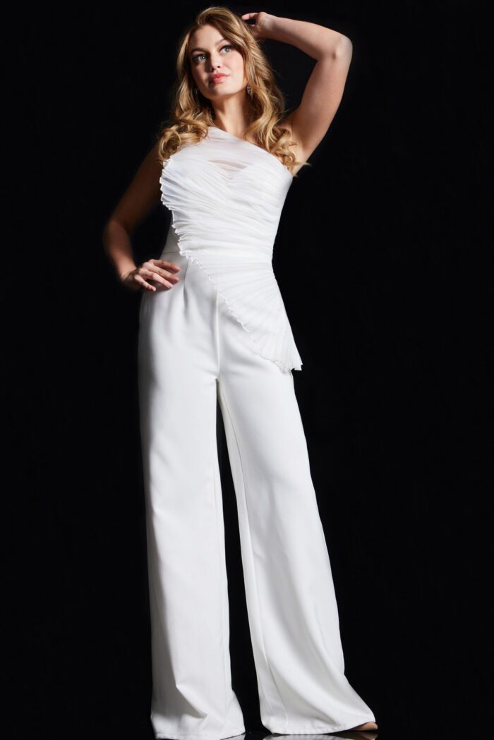 model in 26171 white jumpsuit with one-shoulder design and elegant silhouette