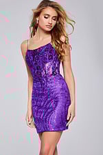 Model in Jovani 26183 purple sequined mini dress, looking to the side.