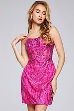 Side view of model wearing Jovani 26183 fuchsia dress with sequins.