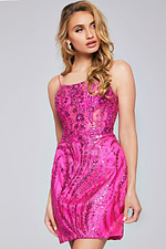 Model wearing Jovani 26183 fuchsia dress with sequins and sweetheart neckline, front view.
