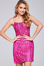 Model wearing Jovani 26183 fuchsia mini dress with sequins, front view.