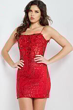 Model wearing Jovani 26183 red mini dress with a sequined design, front view.