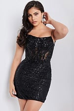 Model in Jovani 26183 black sequined mini dress, front view.