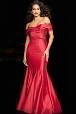 Model wearing Jovani 26187 red off-the-shoulder gown front view